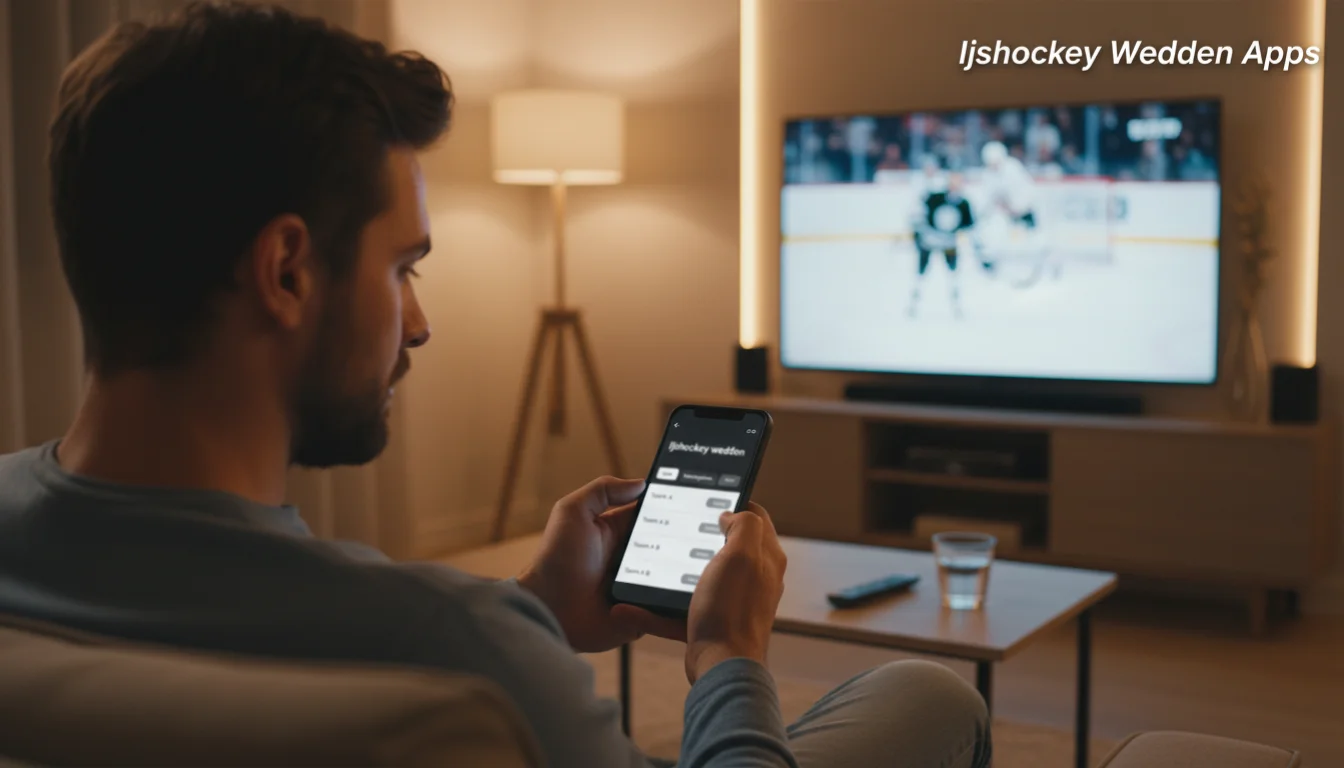 Persoon bekijkt ijshockeywedstrijd op telefoon vanuit de bank: mobiel wedden op ijshockey