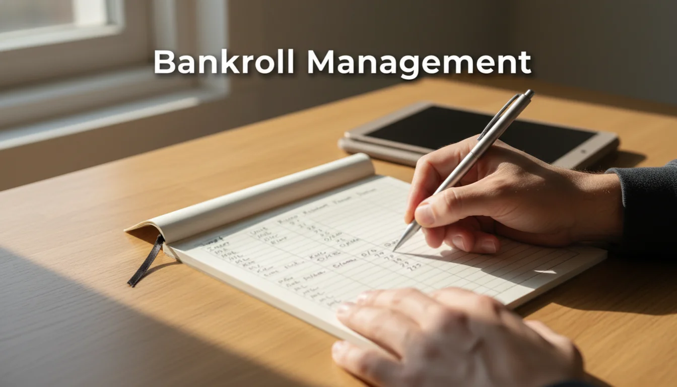 Persoon noteert weddenschappen in notitieboek aan bureau: bankroll management voor ijshockey