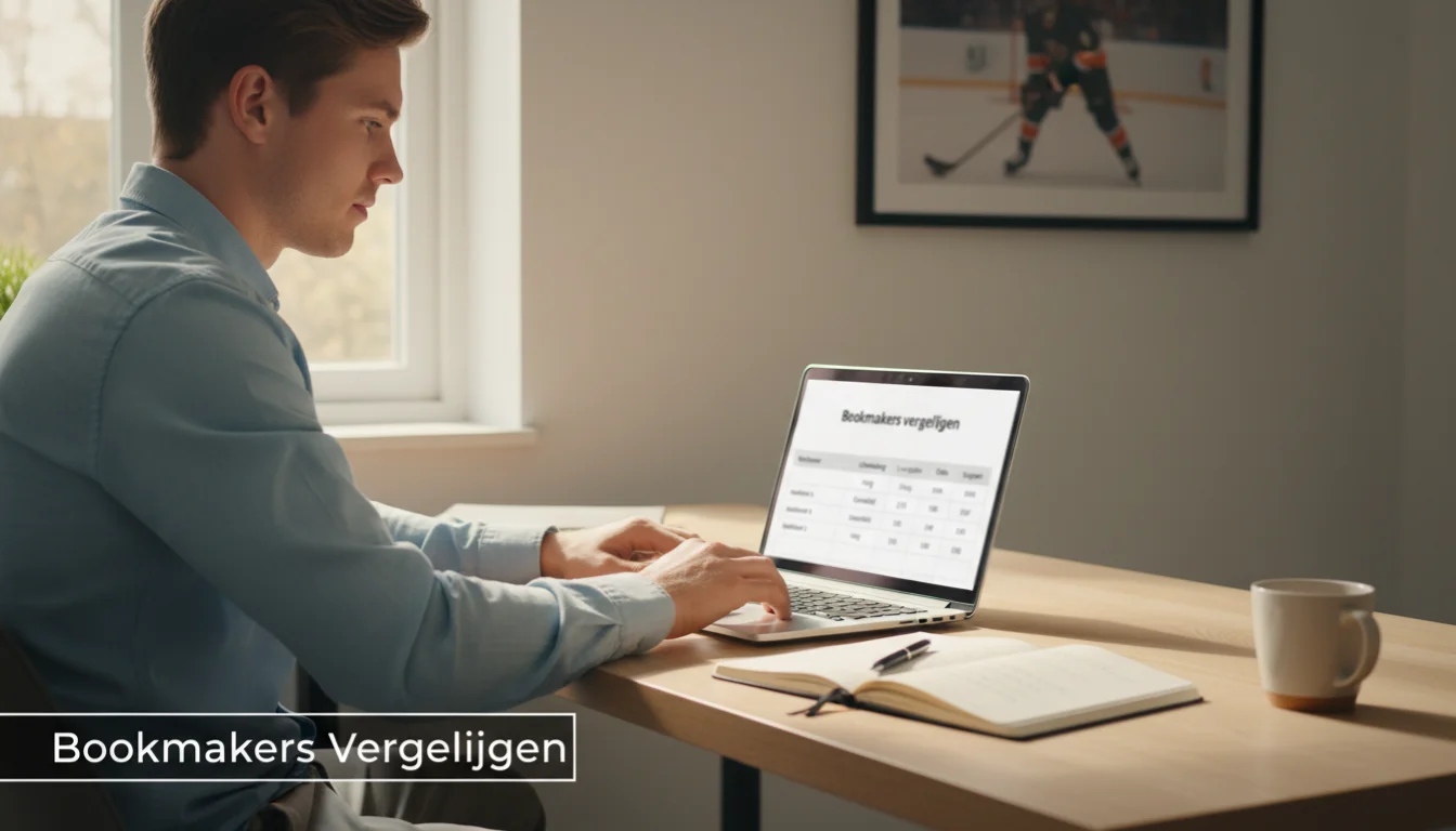 Man vergelijkt ijshockey weddenschappen op laptop aan bureau met notitieboek