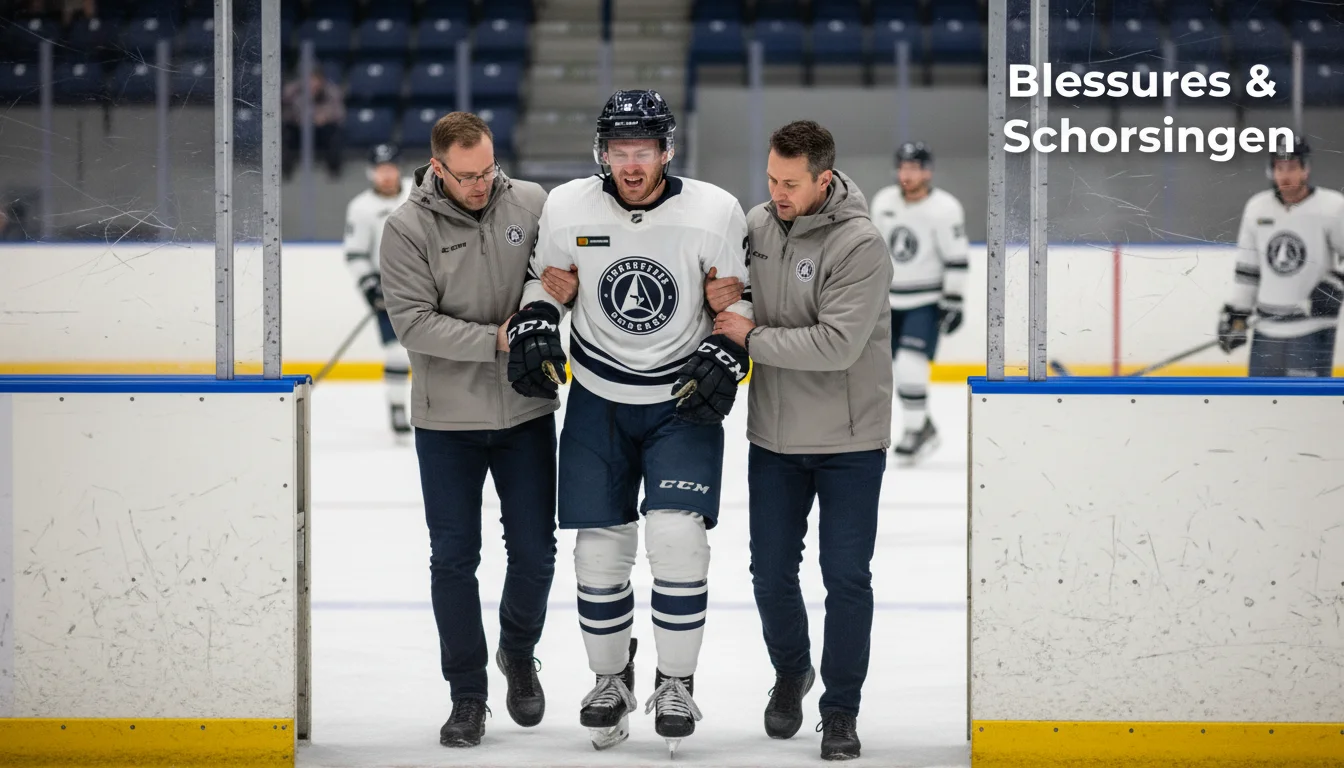 Geblesseerde ijshockeyspeler verlaat het ijs begeleid door medische staf