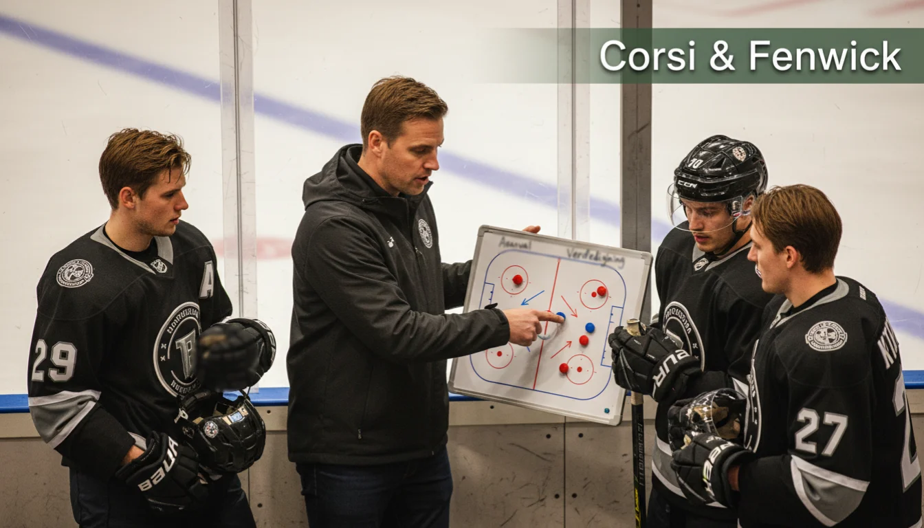 IJshockeycoach bestudeert tactiekbord tijdens time-out: geavanceerde statistieken analyse