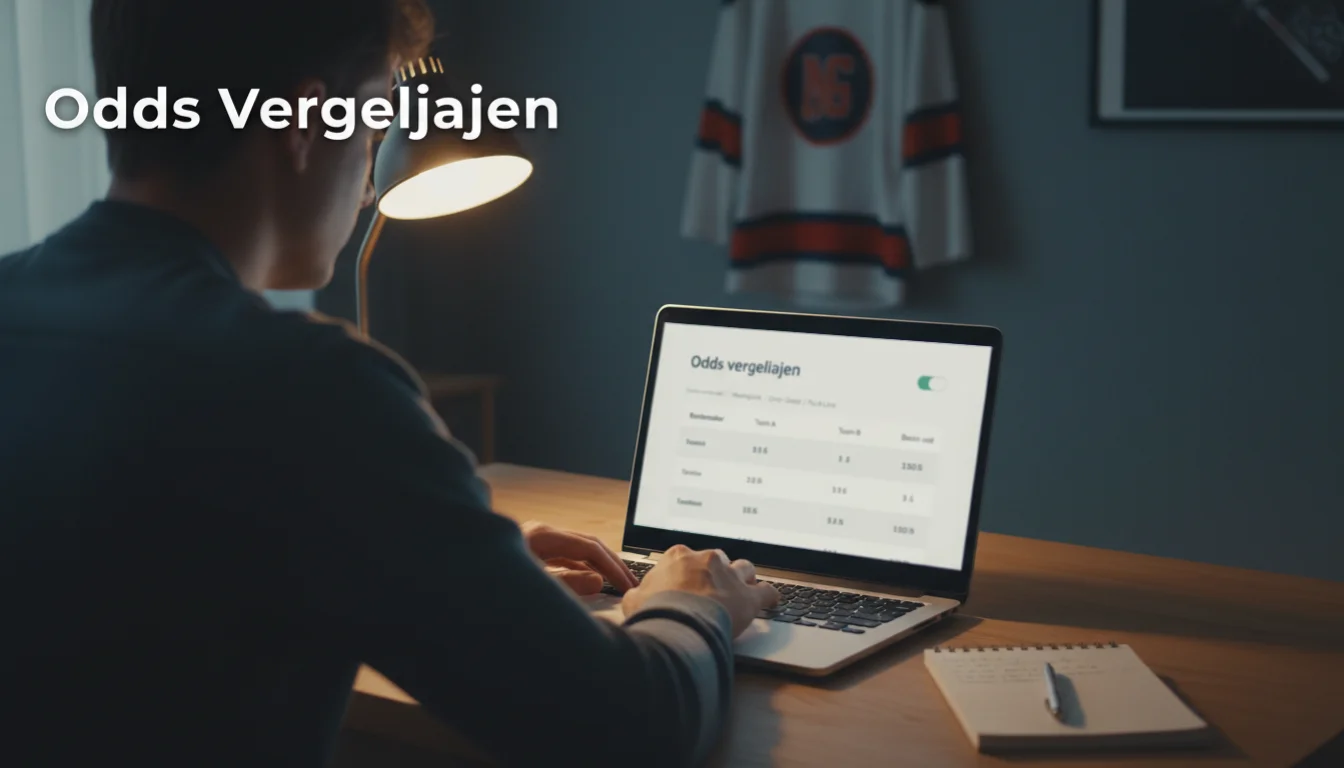 Man vergelijkt ijshockey odds op laptop aan bureau: beste quoteringen vinden