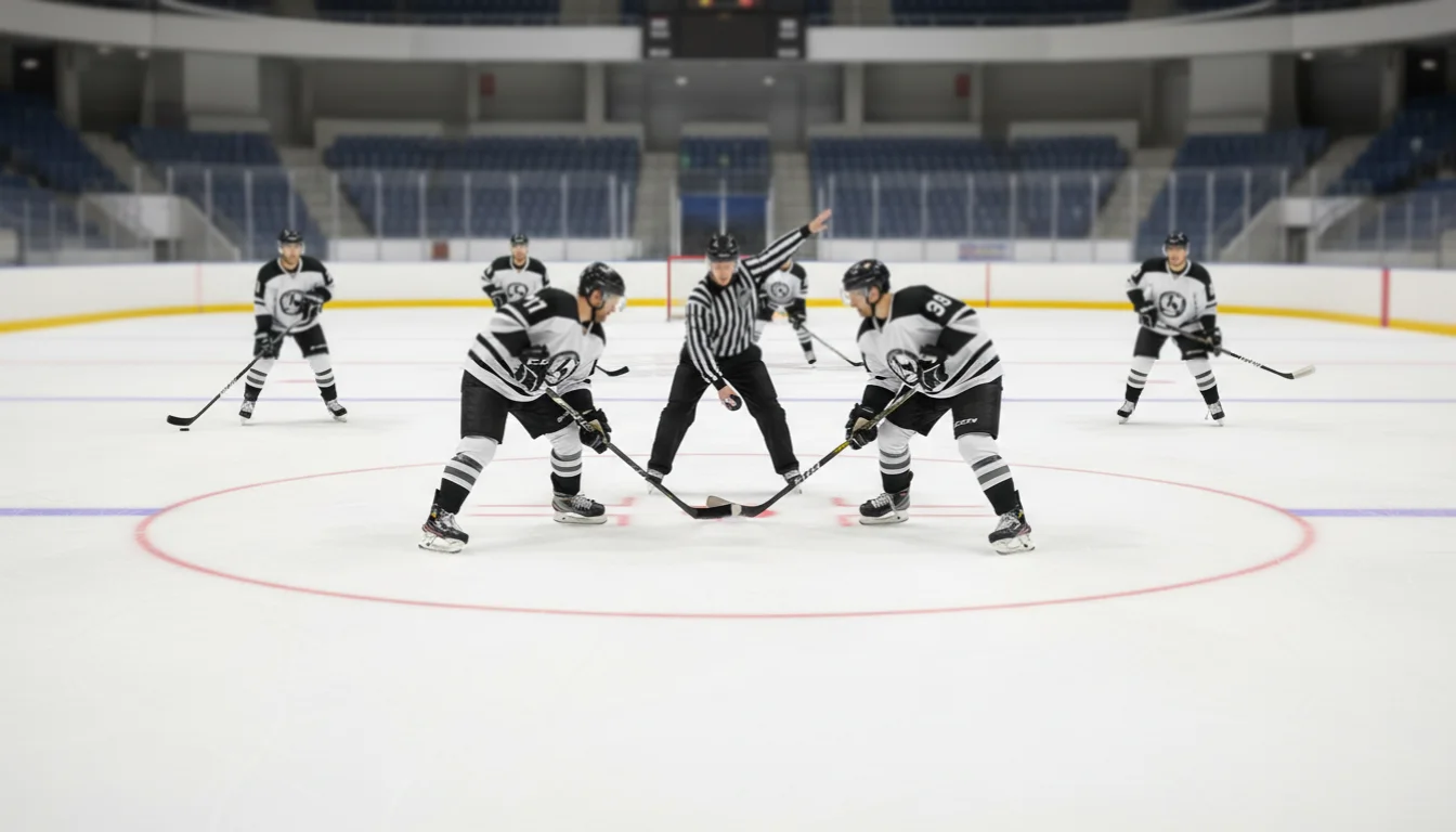 Face-off tijdens ijshockeywedstrijd met twee teams klaar voor de puck drop