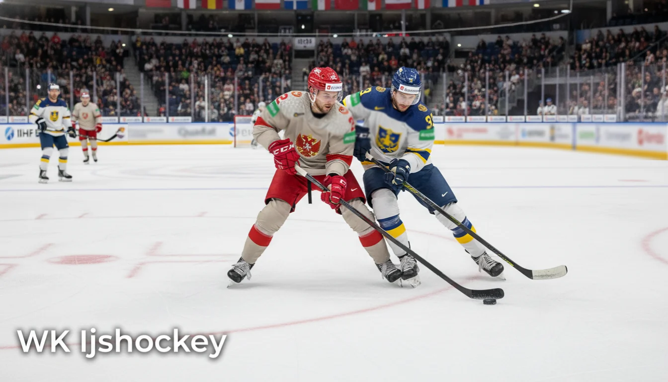 Internationale ijshockeyspelers in duel tijdens het WK: landentoernooi op het ijs