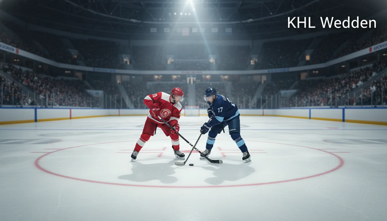 KHL ijshockeywedstrijd: spelers in duel op het ijs van een Russische arena