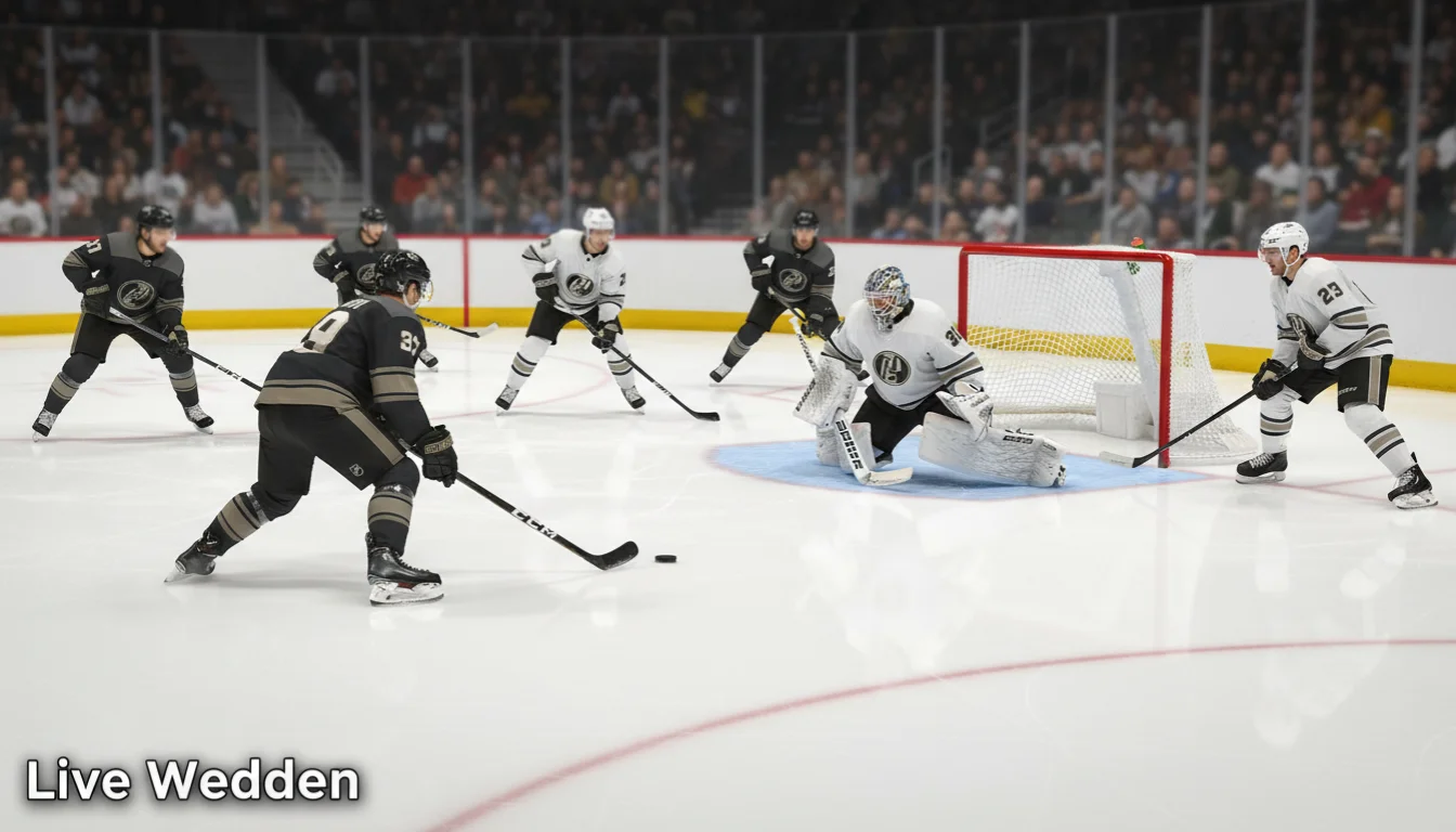 IJshockeyspelers tijdens een powerplay situatie op het ijs in een volle arena