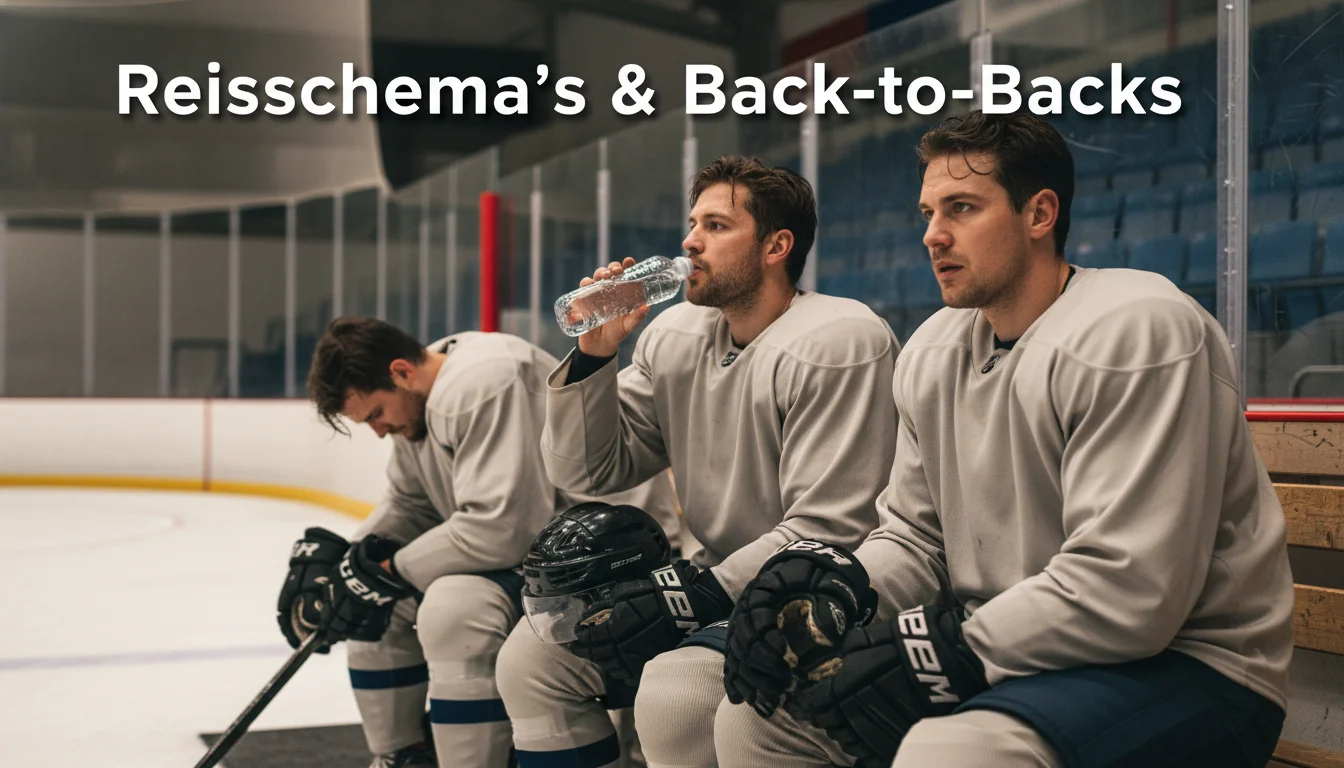 Vermoeide NHL-spelers in kleedkamer na lange uitwedstrijd: travel fatigue en back-to-back games